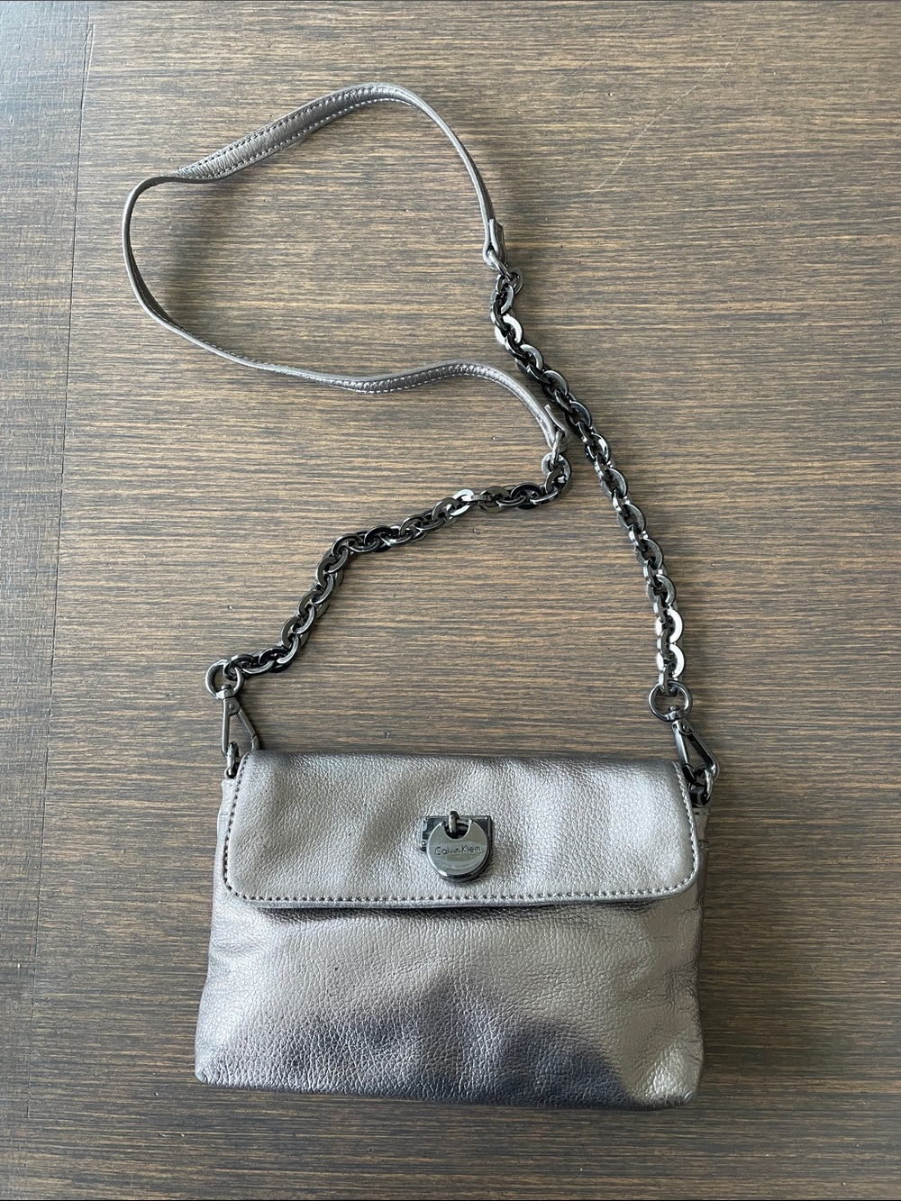 CALVIN KLEIN METALLIC PEWTER & GUNMETAL CROSSBODY BAG